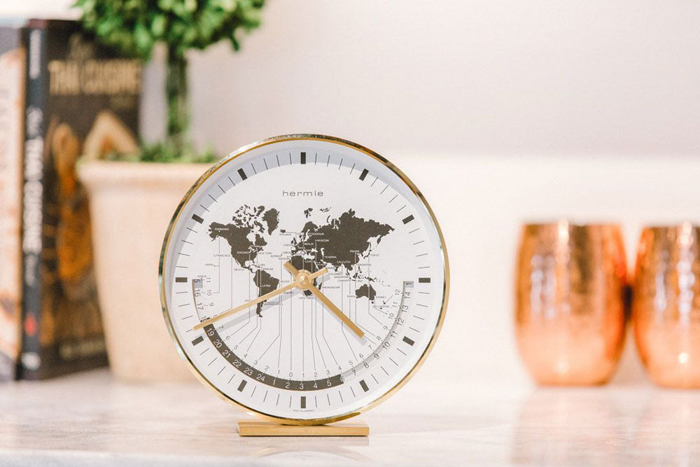 Hermle Table Clock 19x18x6.5 cm Brass • Precise Quartz Movement • World Time Display
