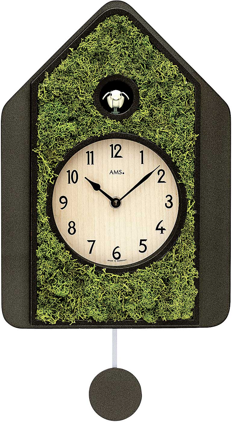 AMS Wanduhr 34x24x5 cm Holz • Modernes Design • Kuckucksruf mit Vogelsang