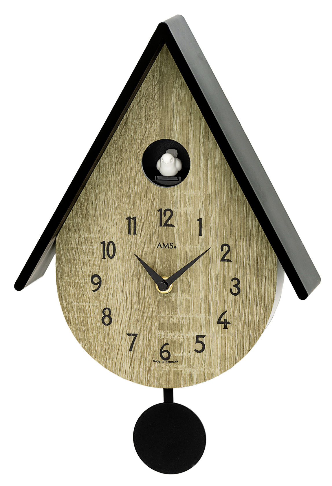 AMS Pendelwanduhr W7512 • Kuckucksruf • Modernes Design in Sonoma-Eiche-Optik & Schwarz