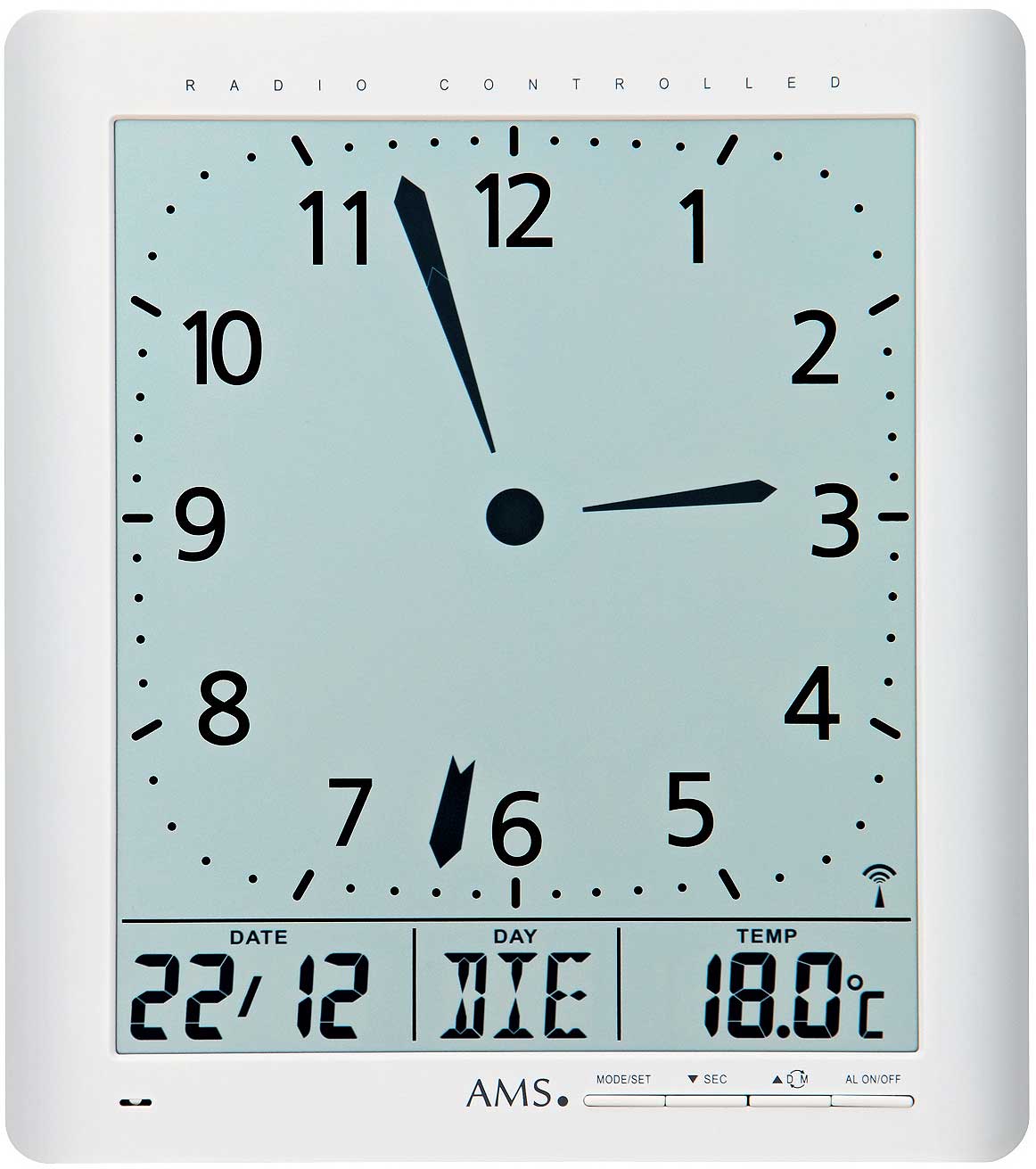 AMS Wall Clock 24x21x3 cm Plastic • Radio-Controlled • Analog & Digital • Temperature Display