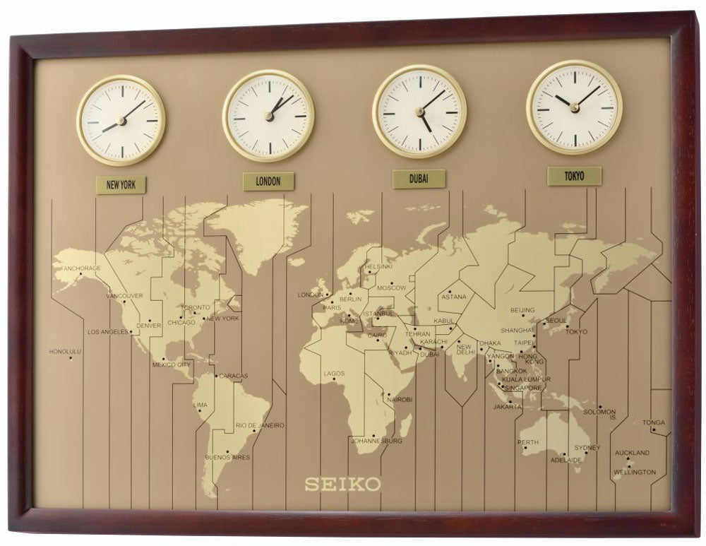 Seiko Wanduhr 33 cm Ø Holz • Weltzeitfunktion • Geräuschloses Quarzwerk