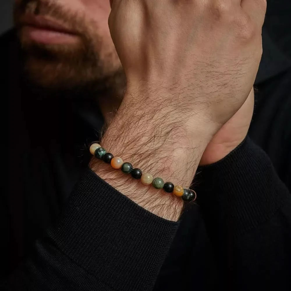 Armband aus 8mm großen Edelsteinen aus Rhyolith, Chrysantheme und Achat mit Edelstahlverschluss - Rebel&Rose Modell: RR-80051-S-M