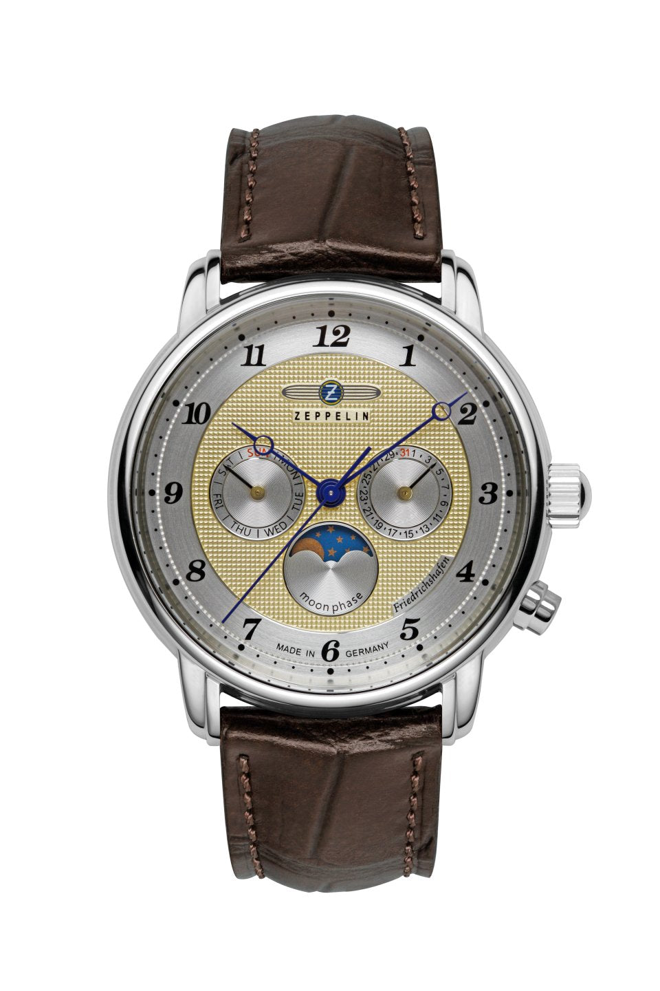 Zeppelin Herrenuhr Modell: 8536-5 mit Gold/Silberfarbenem Zifferblatt und Lederarmband