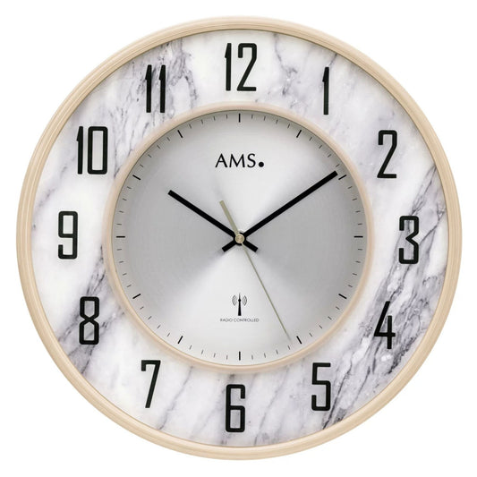 AMS Wanduhr 34 cm Ø Kunststoff • Funkgesteuert • Marmor-Optik