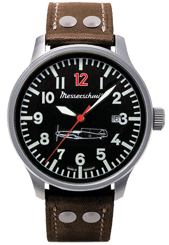 Herrenuhr, Fliegeruhr aus Edelstahl- Schwarzes Zifferblatt - Messerschmitt Modell: 109-42R12L