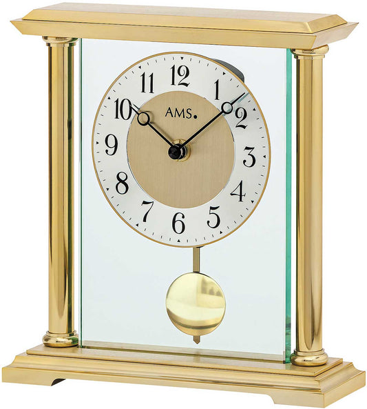AMS Table Clock 22x20x6 cm Chrome, Glass • Made in Germany • Quartz movement • With pendulum