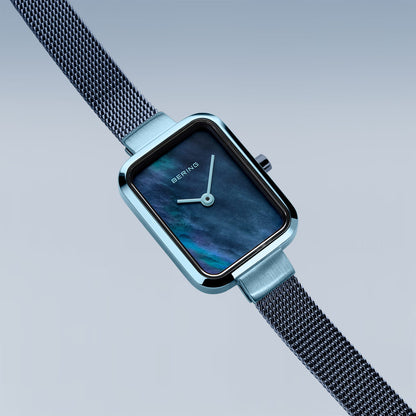Bering Petite Square 14520-398 Women's Watch • Scratch-resistant Sapphire Glass • Blue Milanese Bracelet