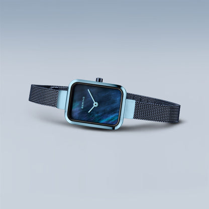 Bering Petite Square 14520-398 Women's Watch • Scratch-resistant Sapphire Glass • Blue Milanese Bracelet