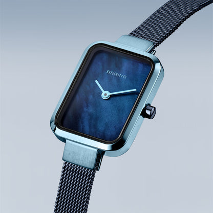 Bering Petite Square 14520-398 Women's Watch • Scratch-resistant Sapphire Glass • Blue Milanese Bracelet