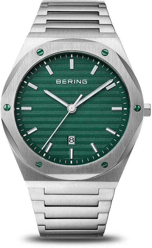 Herrenuhr, blau, getreiftes Zifferblatt mit leuchtenden Zeigern und Indizes und Datumsanzeige, geschützt durch Saphirglas - Bering Modell: 19742-708