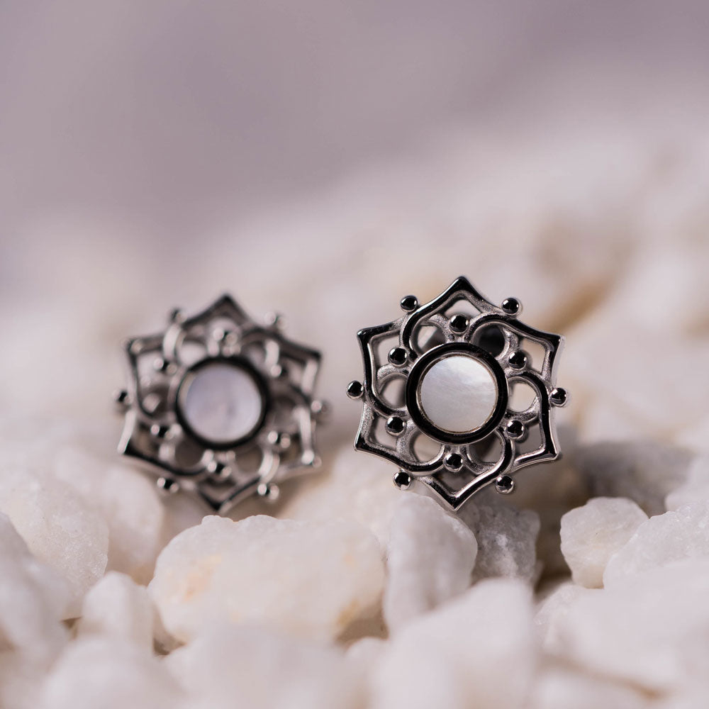 Composition Ohrringe mit weissem Perlmutt Holzkern Modell Jewelry