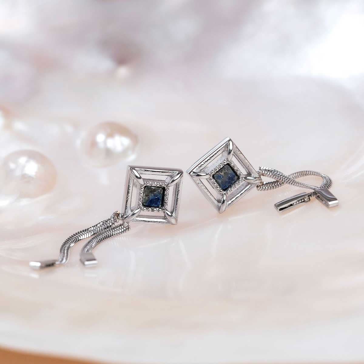 Awakening Earrings (Lapis Lazuli/Silver) Stud Earrings with Chain Pendant - Holzkern Model: Jewelry
