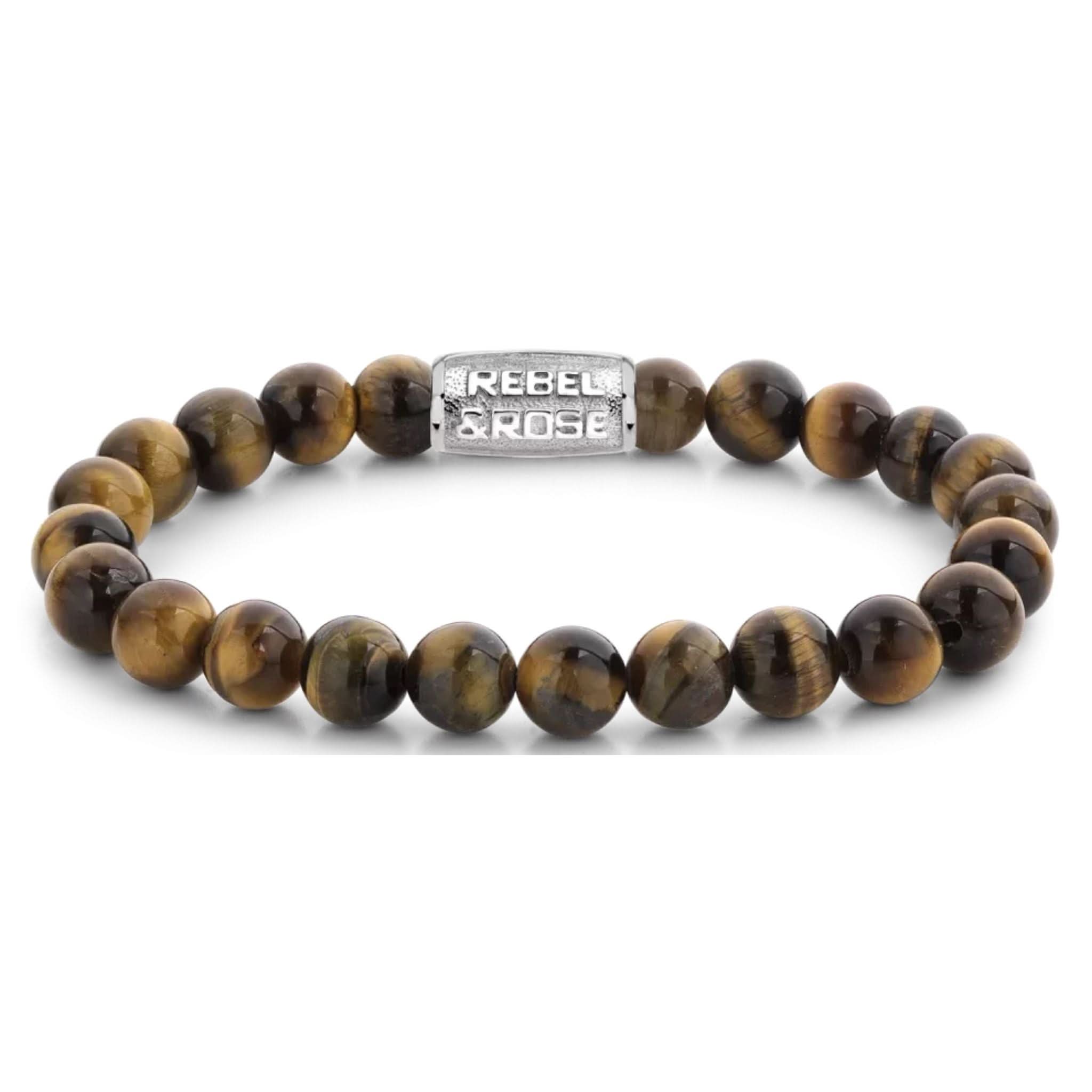 Bracelet made of 8mm tiger's eye stones with stainless steel clasp - Rebel&Rose Model: RR-80042-S-L
