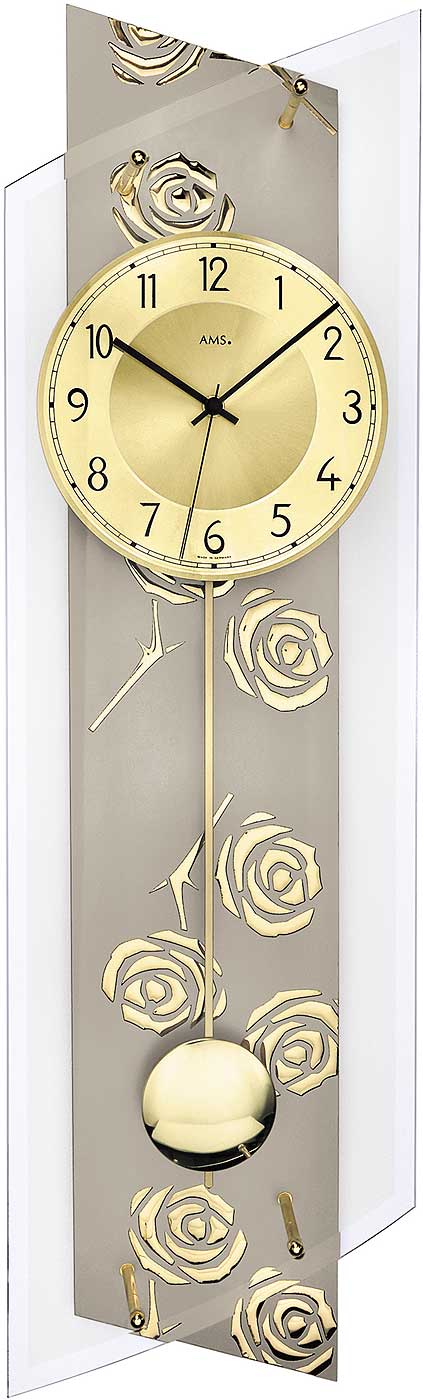 Funkwanduhr Pendeluhr goldfarben mit Rosendekor - AMS Modell: 5223