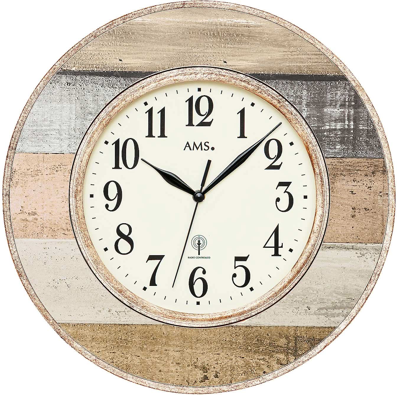 AMS Wanduhr 35 cm Ø Holz und Kunststoff • Funkgesteuertes Quarzwerk • Klares Design