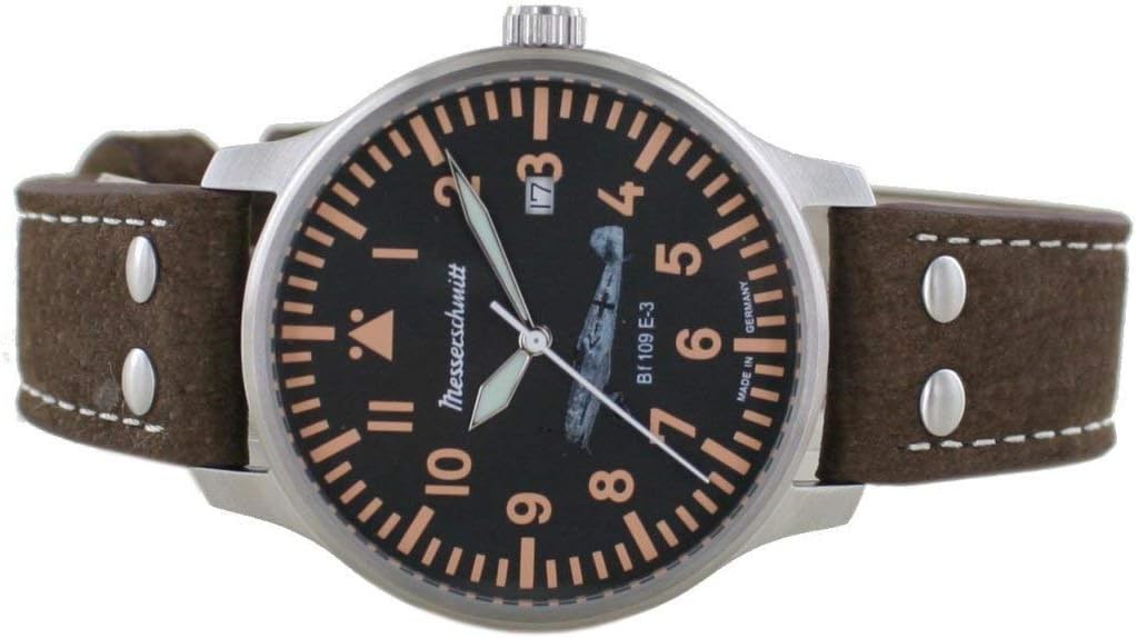 Herrenuhr, Fliegeruhr aus Edelstahl - Schwarzes Zifferblatt - Messerschmitt Modell: BF109E-3