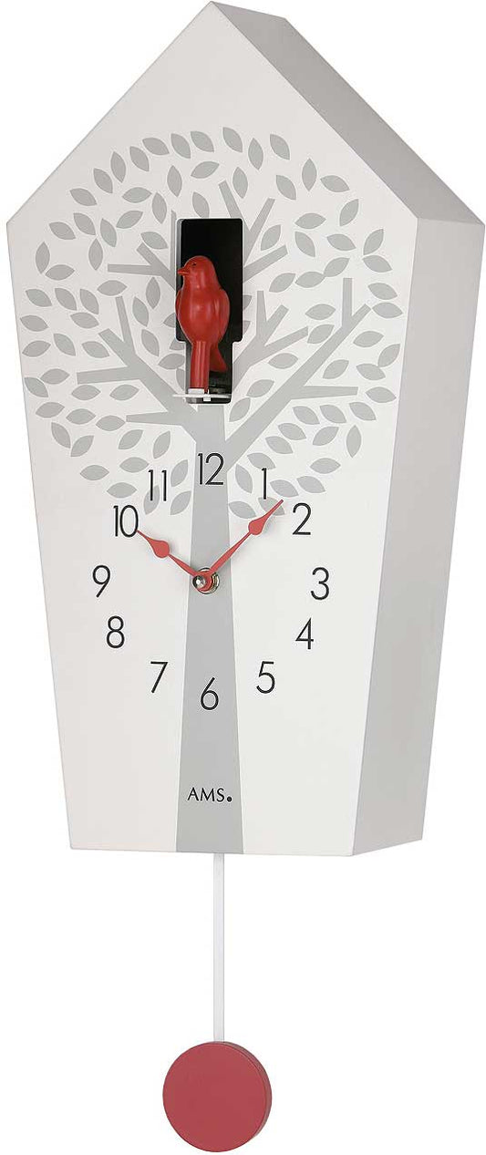 AMS Wanduhr 39x20x11 cm Holz • Moderner Kuckucksruf • Automatische Nachtabschaltung