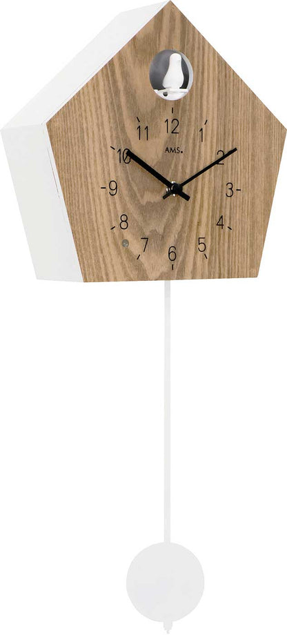 AMS Wall Clock 22x22x8 cm Wood • Cuckoo Call with Night Shut-off • Modern Oak and White Design
