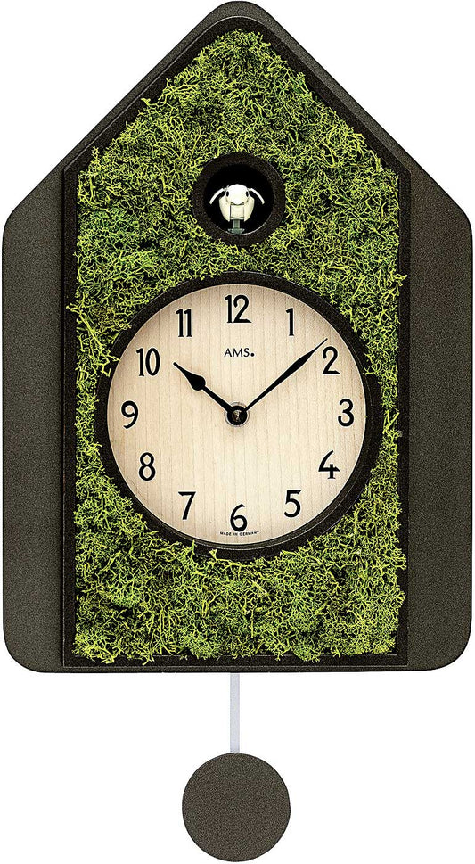 AMS Wanduhr 34x24x5 cm Holz • Modernes Design • Kuckucksruf mit Vogelsang