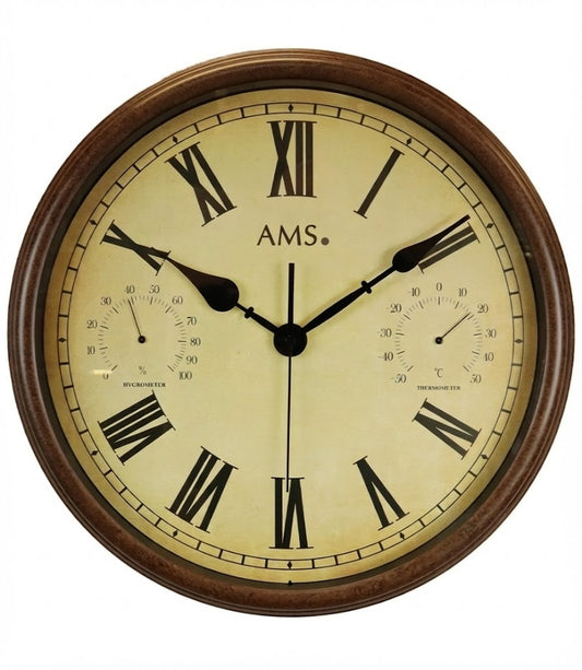 AMS Wanduhr 42 cm Ø Metall • Wetterfest • Mit Thermometer & Hygrometer