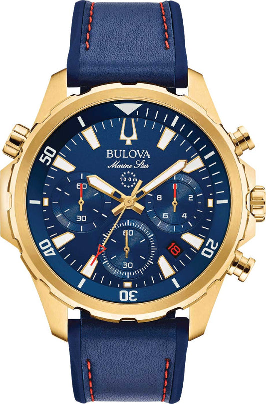 Bulova Marine Star 97B168 Herren Uhr • Quarz Chronograph • Gold-Ton Gehäuse