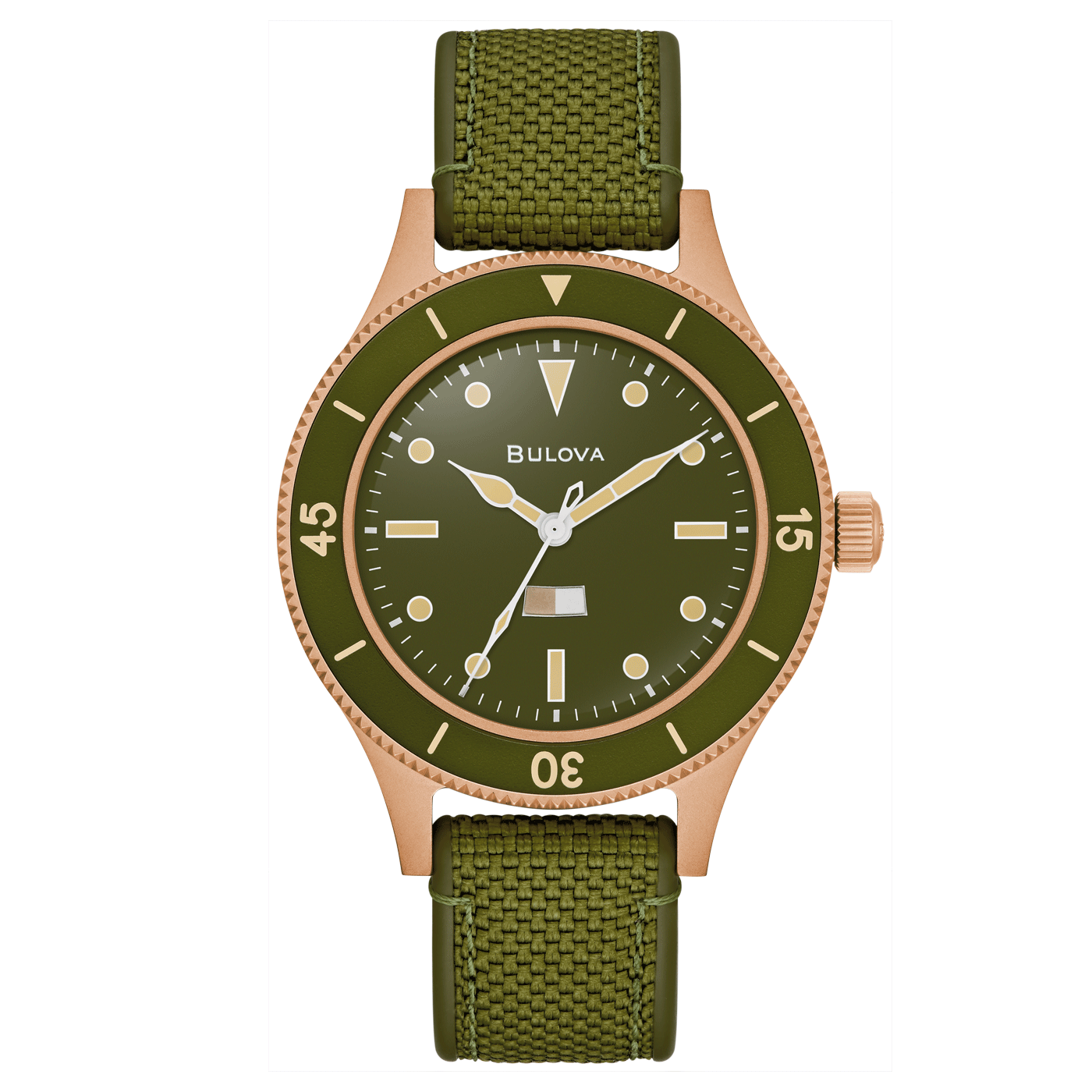 Bulova Herrenuhr Modell 98A324 mit gruenem Armband Zifferblatt Luenet