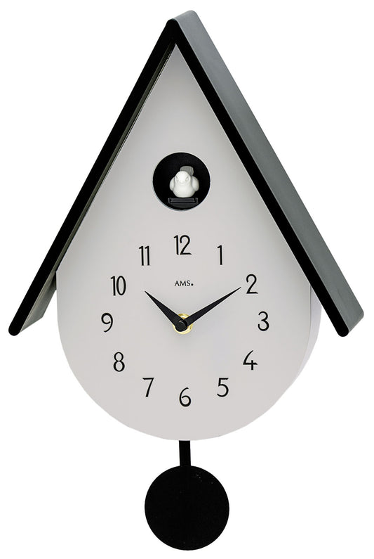 AMS Pendelwanduhr W7510 • Kuckucksruf • Modernes Design in Schwarz-Weiß