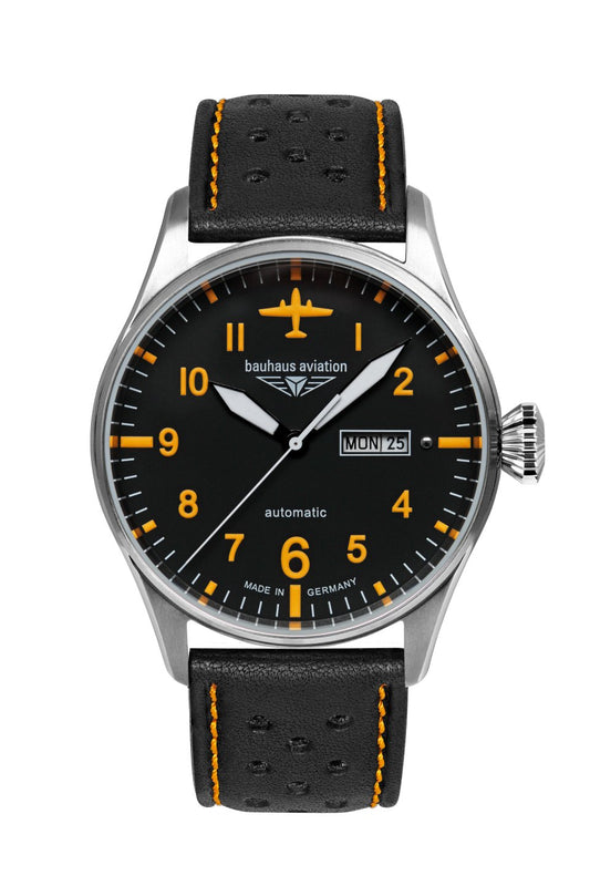 Bauhaus Herrenuhr Modell: 2766-5 mit schwarzem Zifferblatt und orangenen, arabischen Ziffern