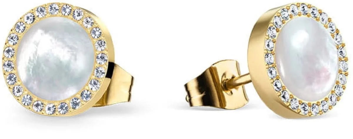 Arctic Pearls Gold Shiny Stud Earrings with Mother-of-Pearl and Crystals - BERING Model: 752-27-05