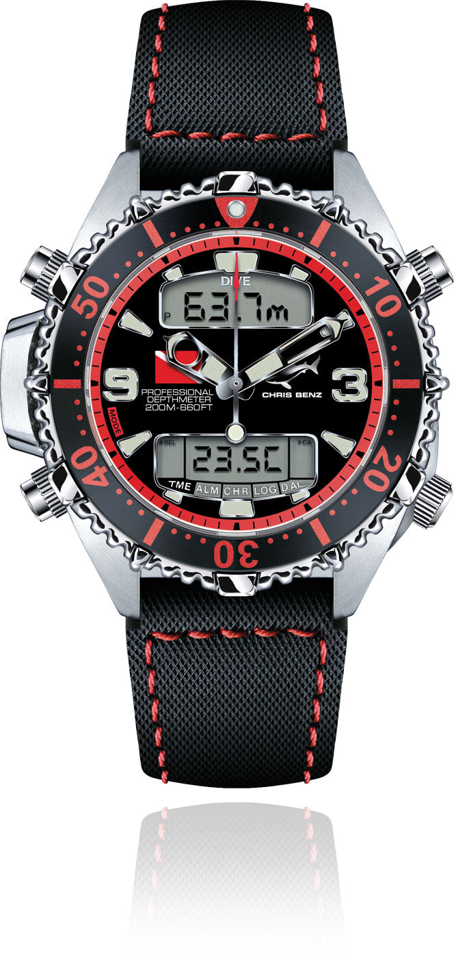 Chris Benz DEPTHMETER DIGITAL 200M CB-D200X-R-SBR Herren Uhr • Hai-geprüft • Saphirglas