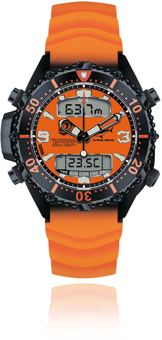 Chris Benz DEPTHMETER DIGITAL 200M RESCUE DIVER CB-D200X-RS-KBO Herren Uhr • Hai-geprüft • Digitales Tiefenmesser