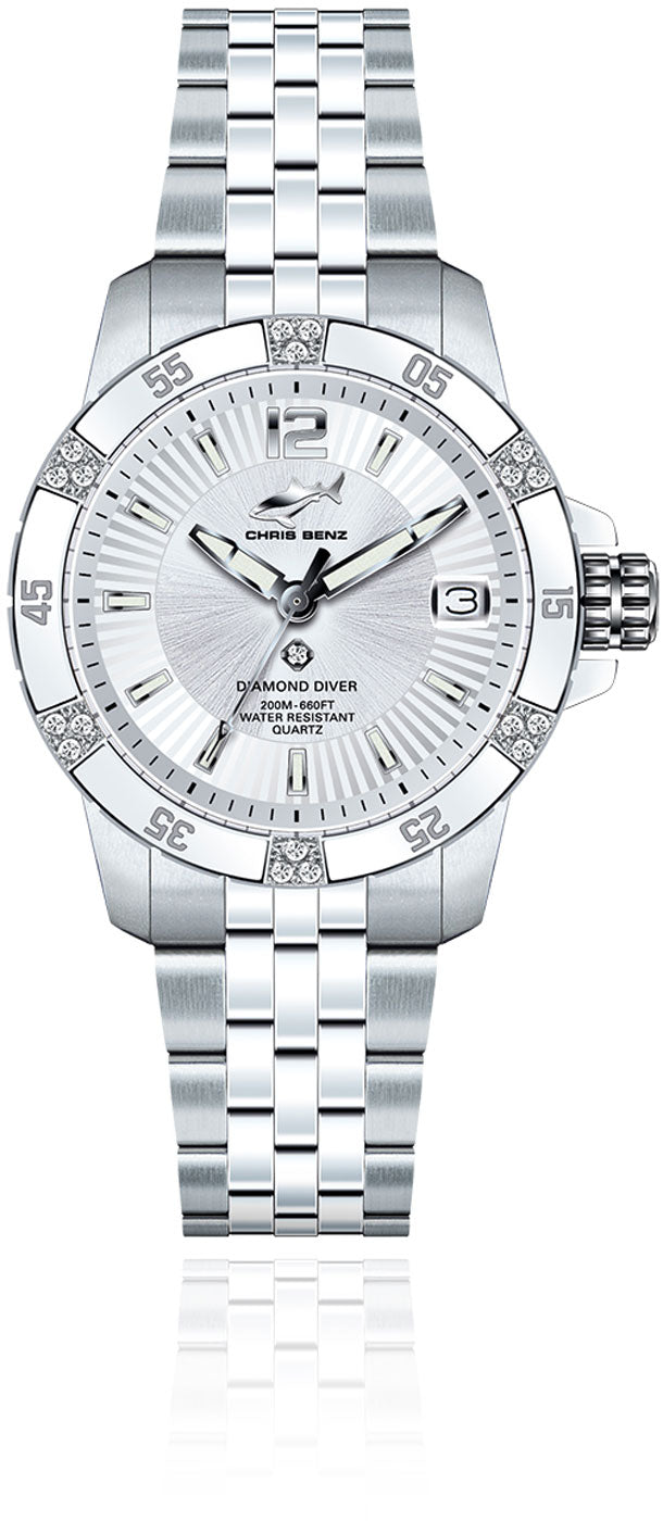 Chris Benz Stars & Diamonds Diamond Diver CB-DD200-SI-MBJ Damen Uhr • Hai-geprüft • Saphirglas
