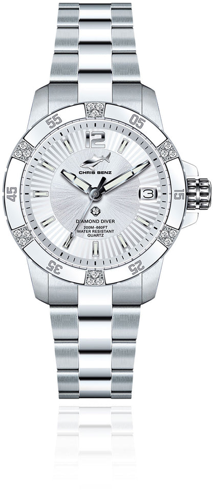 Chris Benz Diamond Diver Silver Bay CB-DD200-S-MBO Damen Uhr • Hai-Proof • Saphirglas