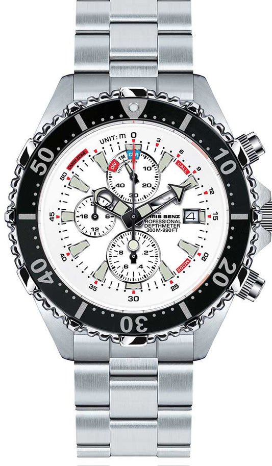 Chris Benz DEPTHMETER CHRONOGRAPH 300M CB-C300-W-MB Uhr • Hai-Proof • Saphirglas