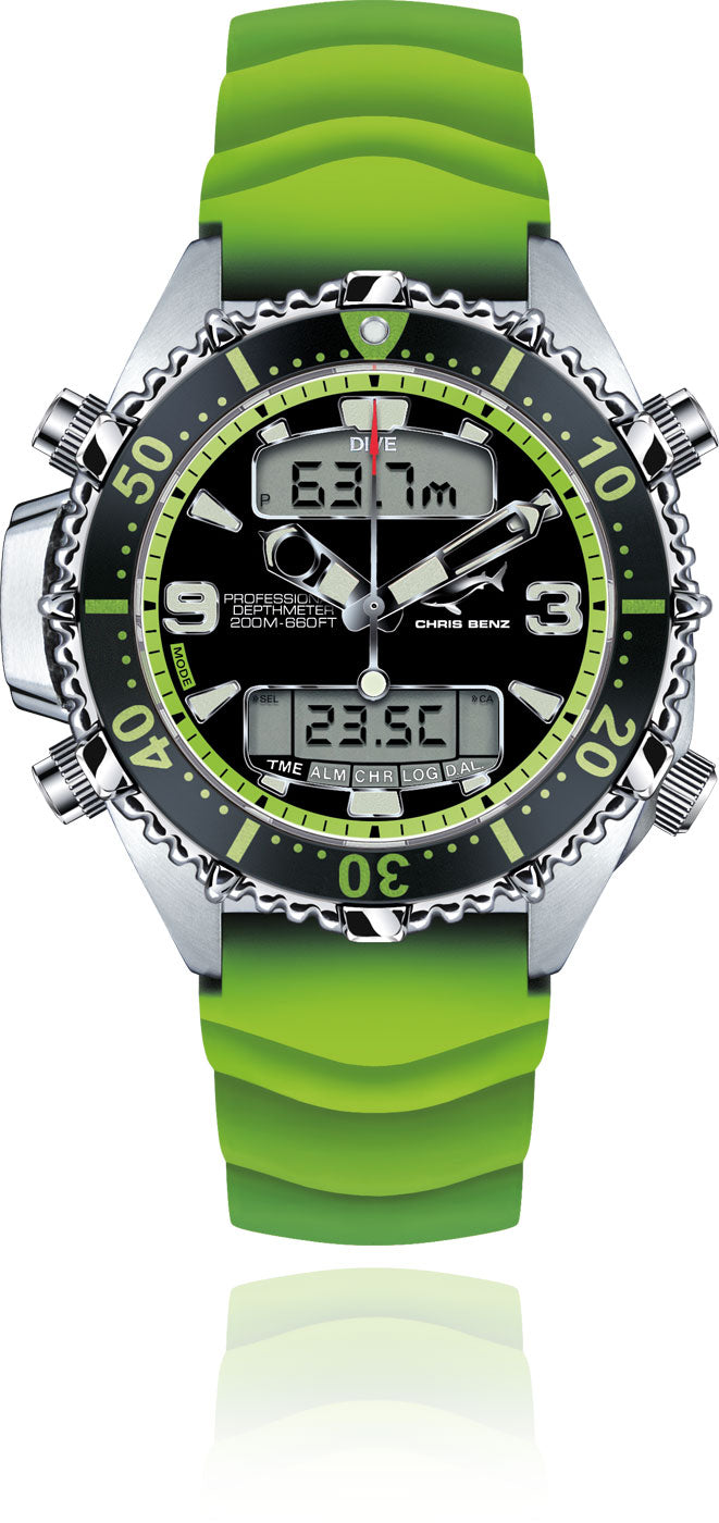 Chris Benz DEPTHMETER DIGITAL 200M CB-D200X-G-KBG Herren Uhr • Hai-Proof & 200m Wasserdicht • Digitaler Tiefenmesser & Saphirglas