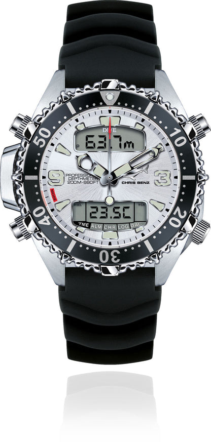 Chris Benz Depthmeter Digital 200M CB-D200X-SI-KBS Herren Uhr • Hai-Proof • Saphirglas