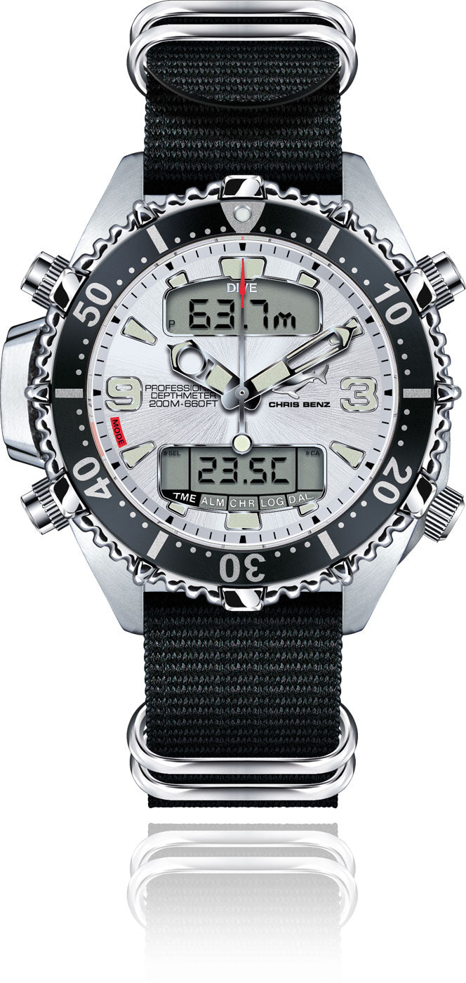 Chris Benz DEPTHMETER DIGITAL 200M CB-D200X-SI-NBS Herren Uhr • Hai-Proof • Saphirglas
