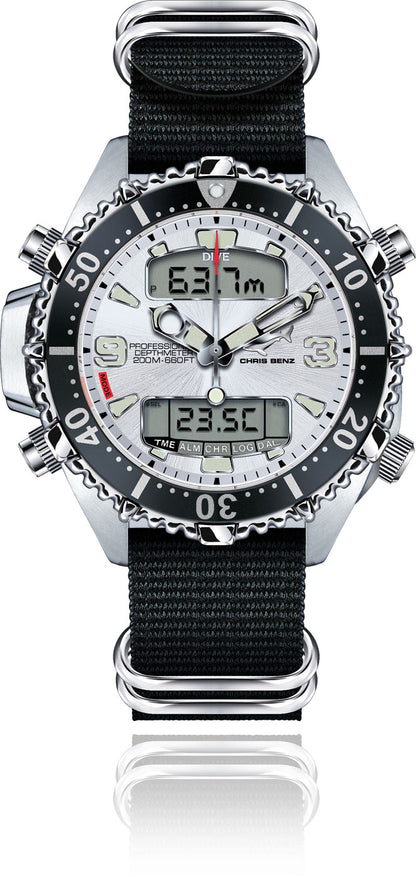 Chris Benz DEPTHMETER DIGITAL 200M CB-D200X-SI-NBS Herren Uhr • Hai-Proof • Saphirglas