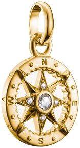 Thomas Sabo Charm-Anhänger, Kompass mit Sternen und weißem Edelstein, aus Silber, vergoldet