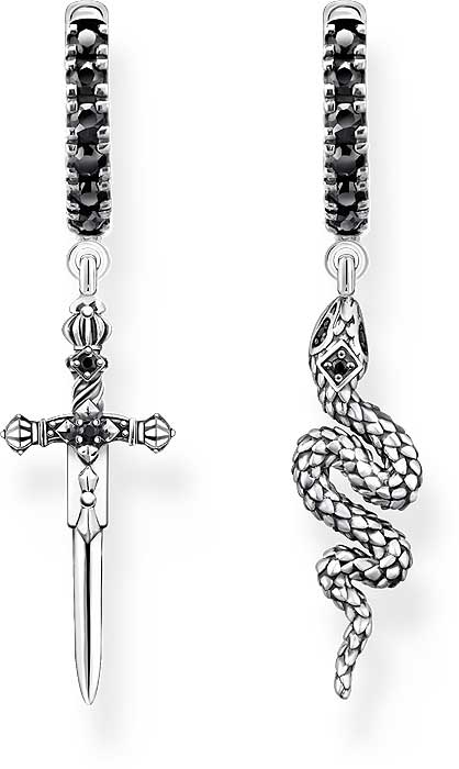Kreolen mit Schlangen und Schwert Anhänger - 925 Sterlingsilber geschwärzt