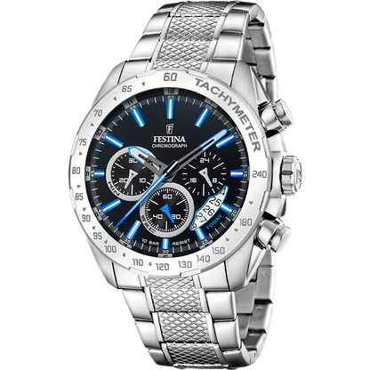 Festina Herrenchronograph Modell: 20668_6 mit schwarzem Zifferblatt mit Strichindex und blauen Akzenten