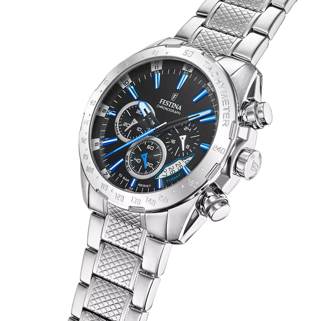 Festina Herrenchronograph Modell: 20668_6 mit schwarzem Zifferblatt mit Strichindex und blauen Akzenten