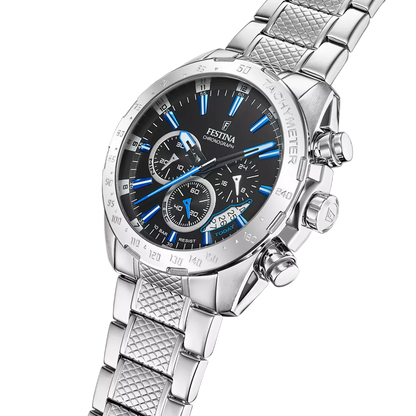 Festina Herrenchronograph Modell: 20668_6 mit schwarzem Zifferblatt mit Strichindex und blauen Akzenten