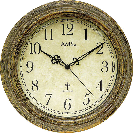 AMS Wanduhr 30 cm Ø Kunststoff • Funkgesteuerte Präzision • Antiker Holz-Look