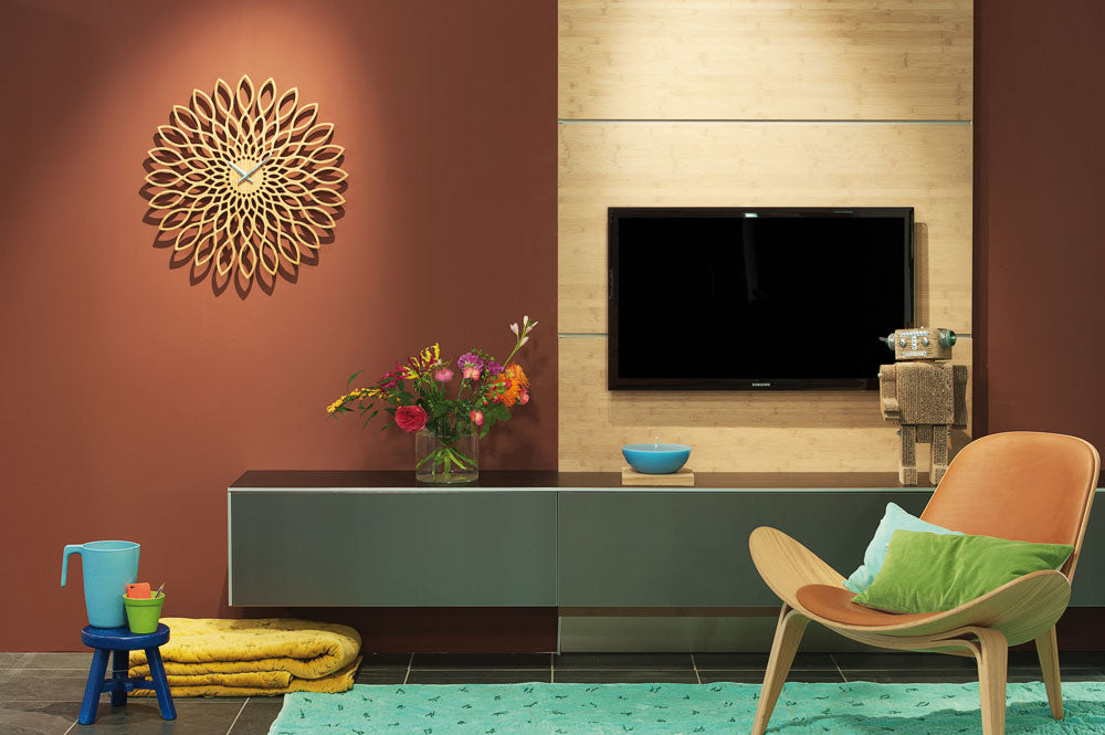 Karlsson Wanduhr 60x60x4 cm Holz • Geräuschloses Quarzwerk • Modernes Sunflower Design