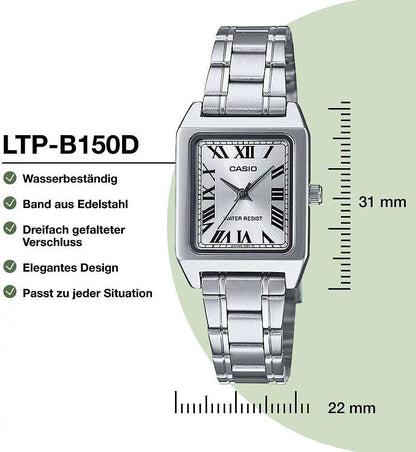 Casio Collection LTP-B150D-7BEF Damenuhr • Kultiges Retro-Design • Eleganter Edelstahl-Look