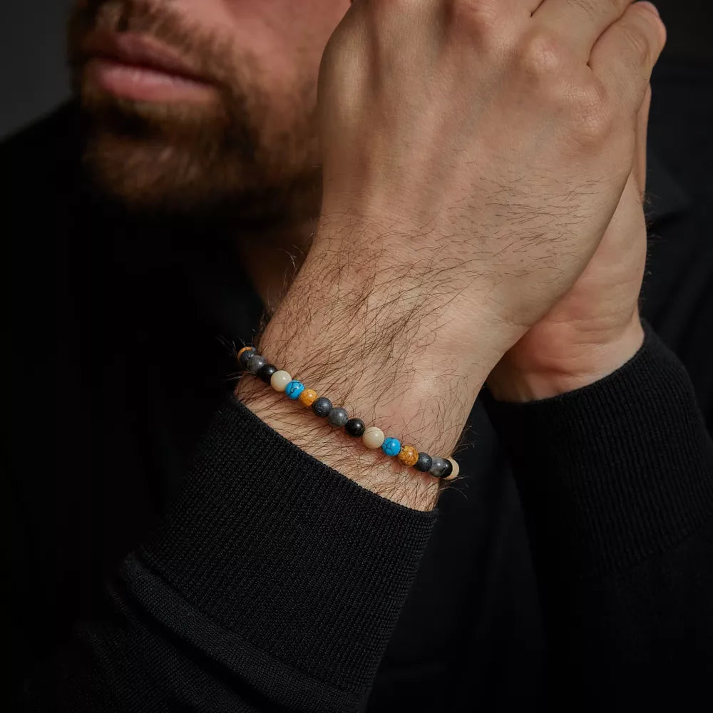 Bracelet made of 6mm gemstones (agate, larvikite, lava stone, picture jasper, turquenite). Gemstones with grey stainless steel clasp - Rebel&Rose Model: RR-60131-S-M