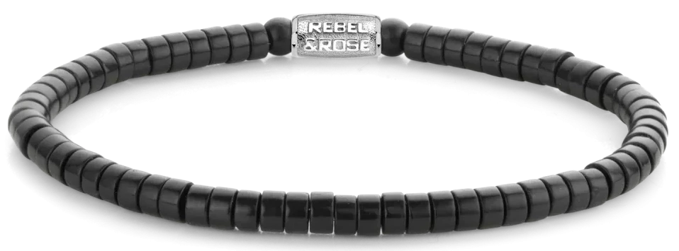 Black bracelet made of disc-shaped Blackstone with stainless steel clasp - Rebel&Rose Model: RR-40073-S-L