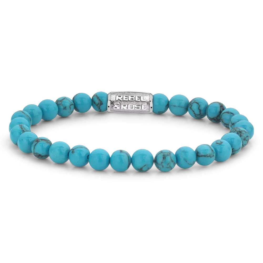 Armband aus 6mm Turqurenit-Edelsteinen mit Edelstahlverschluss - Rebel&Rose Modell: RR-60015-S-M