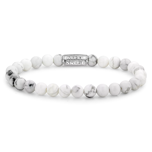 Armband aus 6mm Edelsteinen in Weiß mit Edelstahlverschluss - Rebel&Rose Modell: RR-60016-S-S